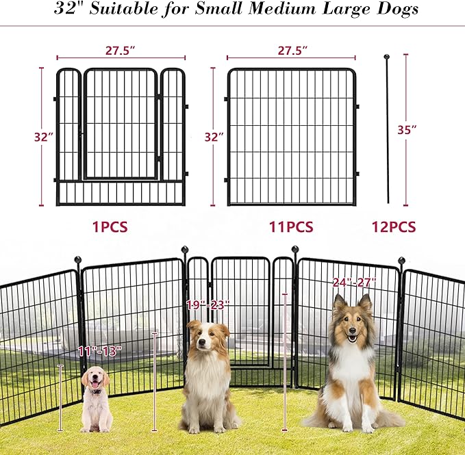 Dog Playpen 32 inch 12 Panels Indoor Dog Pen for Medium/Small Dogs Heavy Duty Metal Dog Fence Outdoor for Yard, Puppy Playpen with Door Portable Pet Fence for RV Camping Yard-PurrikoPets