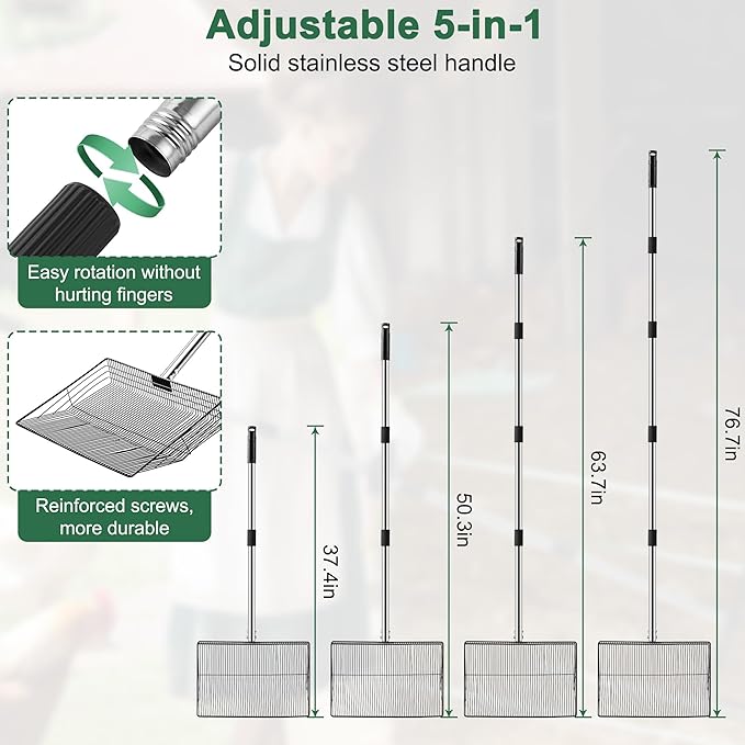 15-inch Large Chicken Poop Scooper, 5 in 1 Adjustable Chicken Coop Scoop with Ergonomic Grip, 24" to 77" Long Stainless Steel Sifting Litter Shovel Pooper Scooper Chicken Coop Accessories-PurrikoPets