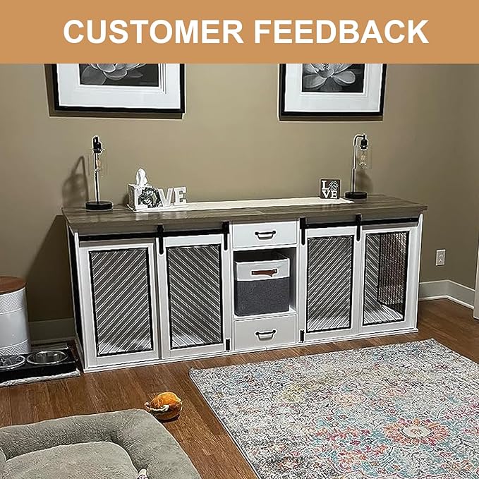 Extra Large Dog Crate Furniture, 85" Sliding Door Double Kennel for 2 Large Dogs Divided, Heavy Duty Wooden Dog Crate Kennel Furniture with 4 Dog Bowls and Drawer Indoor, White-PurrikoPets