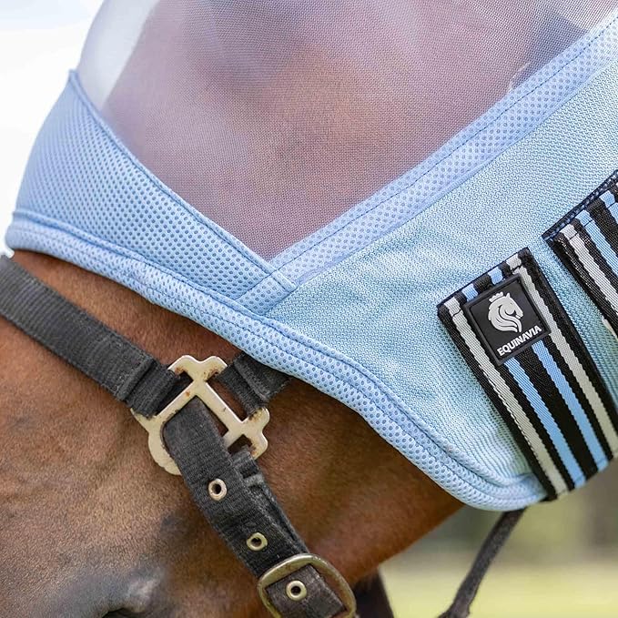 Equinavia Algard Soft Mesh Horse Fly Mask with Ear Protection and 45 UPF Rating | No Eye Irritation & UV Protection - Light Blue - Pony-PurrikoPets