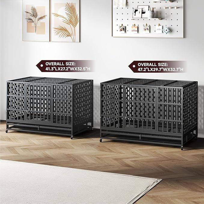 48/42 Inch Heavy Duty Indestructible Dog Crate Steel Escape Proof, Indoor Double Door High Anxiety Cage, Kennel with Wheels, Removable Tray, Extra Large XL XXL-PurrikoPets
