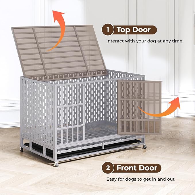 48 Inch Heavy Duty Indestructible Dog Crate Steel Escape Proof, Indoor Double Door High Anxiety Cage, Kennel with Wheels, Removable Tray,Silver,Extra Large XL XXL-PurrikoPets