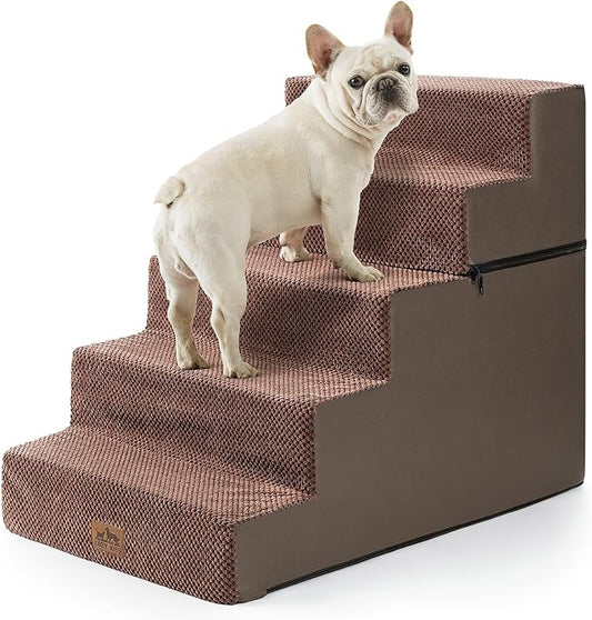 Dog Stairs for Small Dogs, 5 Tier Removable Wider Pet Stairs for Couch and Bed, 23.6" H Non-Slip Dog Steps for Puppies and Old Cats with Support Board, 29.5x19.7x23.6 inch, Brown-PurrikoPets
