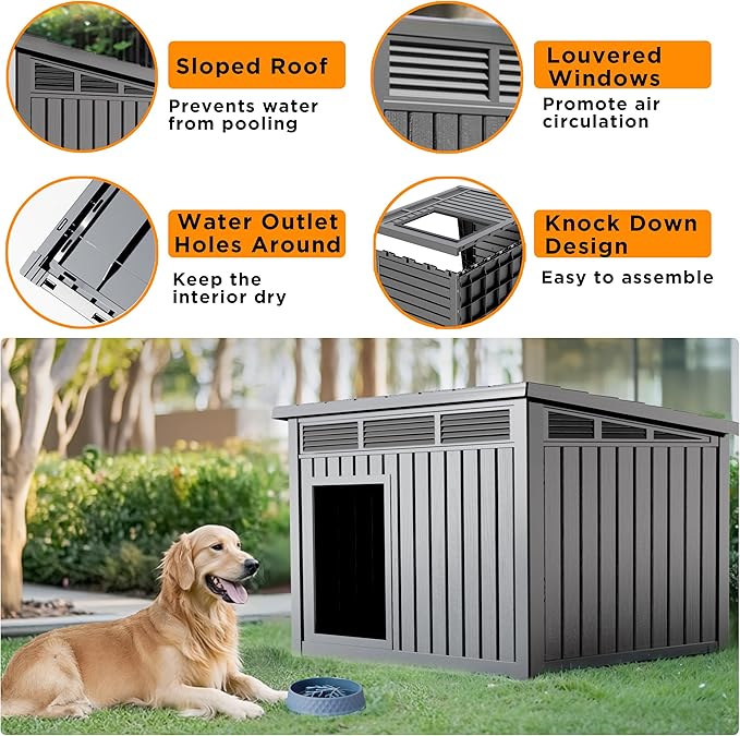 Dog House Indoor Outdoor,Resin Waterproof Puppy Shelter with Air Vents and Elevated Floor,Air Rod on Top to Open,Dog Kennel for Small to Medium Dogs(Grey,32.2 * 25.12 * 24.13)-PurrikoPets