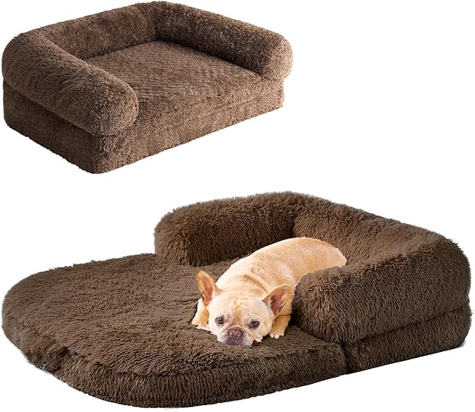 EHEYCIGA Foldable Dog Bed, Faux Fur Fluffy Dog Couch Bed, Orthopedic Calming Memory Foam Pet Bed for Small Dogs, Washable Soft Warm Pet Sofa Bed with Non-Slip Bottom, Brown, 40"x30"x6"-PurrikoPets