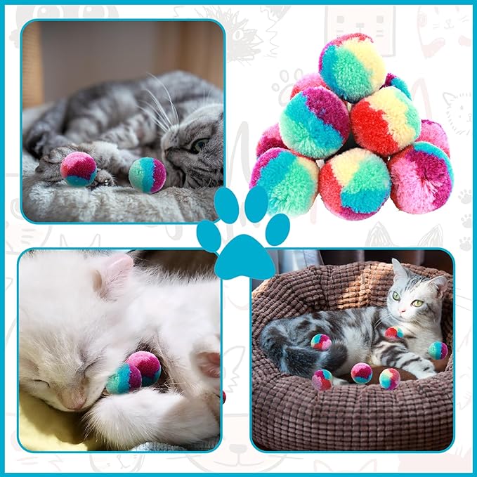 1.2 in Colorful Cat Pom Pom Ball Toys, 20 Pcs Rainbow Cat Toy Balls Soft Plush Cat Ball Interactive Training Ball for Indoor Cats & Kittens-PurrikoPets