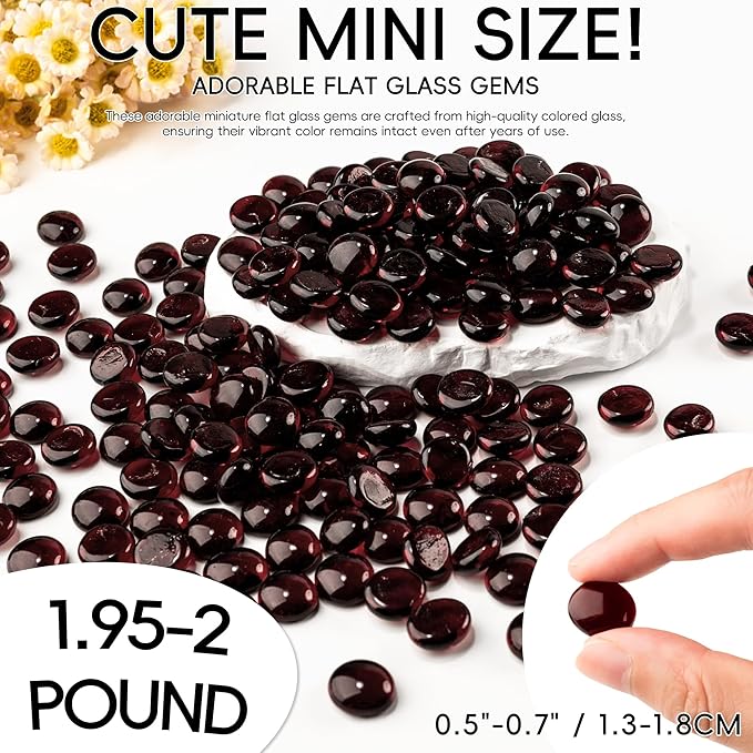 2 LB Dark Red Glass Marbles, Mini Flat Glass Beads for Vase Fillers, Floral Bottom Mancala Gems Pebbles Fish Tank Rocks for Table Aquarium,Home Decor Art Craft Supplies(0.5"~0.7")-PurrikoPets