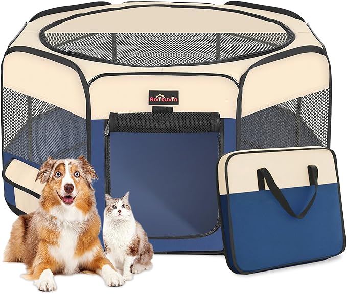 Aivituvin Dog Playpen, Foldable Pet Play Pens with Carrying Bag for Cat, Puppies, Rabbits, Portable Dog Tent Crates Cage for Travel Camping Indoor Outdoor, Removable Shade Cover, Blue S-PurrikoPets