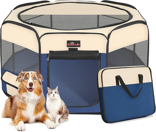 Aivituvin Dog Playpen, Foldable Pet Play Pens with Carrying Bag for Cat, Puppies, Rabbits, Portable Dog Tent Crates Cage for Travel Camping Indoor Outdoor, Removable Shade Cover, Blue S-PurrikoPets
