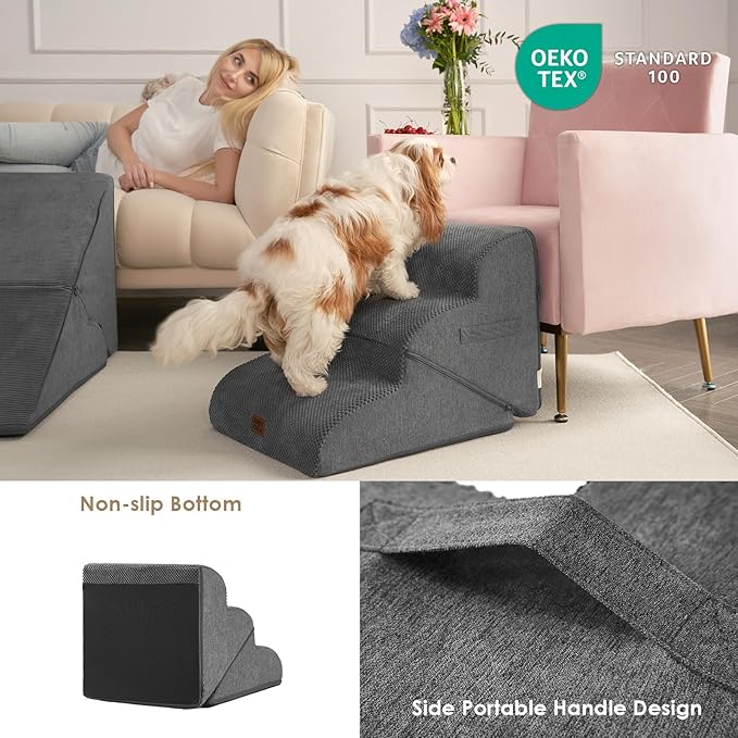 EHEYCIGA Curved Foldable Dog Stairs Ramp for Small Dogs 16" H, 3-Step Dog Steps for Couch Sofa and Chair, Pet Stairs for Cats, Non-Slip Balanced Pet Steps Indoor, Grey-PurrikoPets