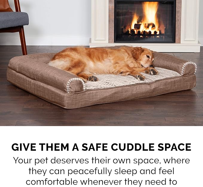 Furhaven Cooling Gel Dog Bed for Medium/Small Dogs w/ Removable Bolsters & Washable Cover, For Dogs Up to 35 lbs - Luxe Faux Fur & Performance Linen Sofa - Woodsmoke, Medium-PurrikoPets