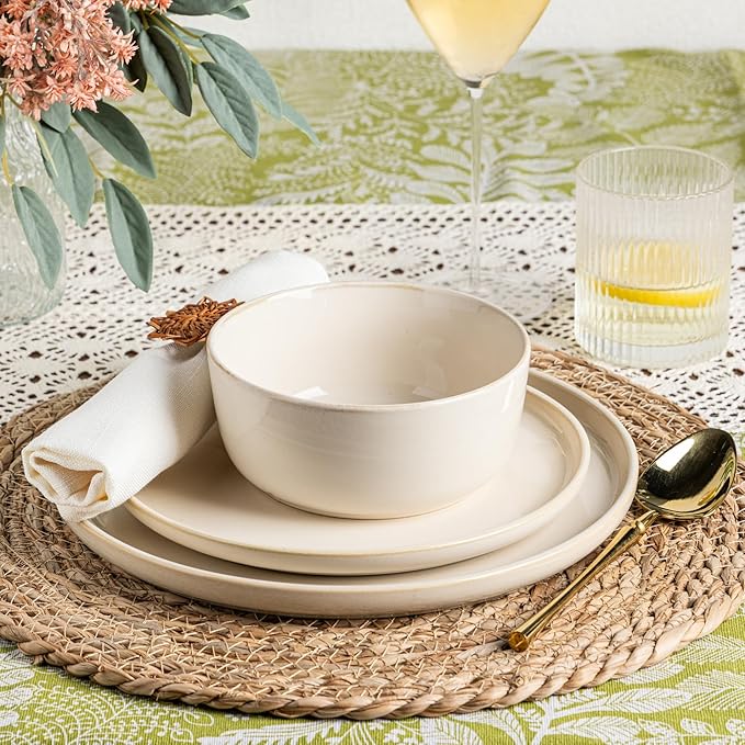 GBHOME Ceramic Dinnerware Sets for 4, 12 Pieces Stoneware Plates and Bowls Sets, Scratch Resistant Dishes, Dishwasher & Microwave Safe, Reactive Glaze-Vanilla color-PurrikoPets