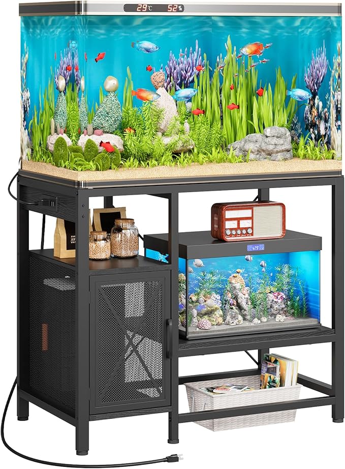 40-50 Gallon Fish Tank Stand, Aquarium Stand with Power Outlet and Storage Cabinet, Heavy Duty Tank Stand Suitable for Turtle Tank, Reptile Terrarium, for Home Office, Black FTBK50E01-PurrikoPets
