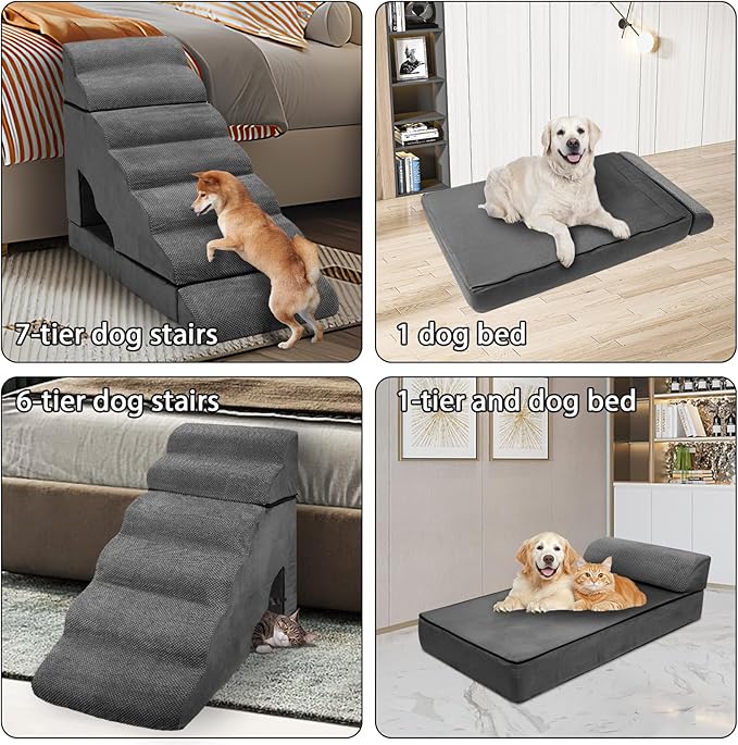 Foam Dog Stairs & Steps Ramps for High Beds 30-36 inches High Tall Large Dogs, LitaiL 7 Step Pet Stairs Steps for High Beds 30 inch Small Dogs, Non-Slip Dog Ramps for Bed-PurrikoPets