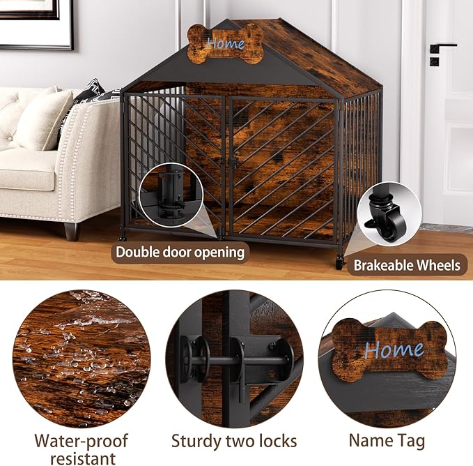 Furniture-Style Dog Crate with Gable Roof Design, Double Locking Doors Indoor Kennel for Small & Medium Dogs, Chew-Proof Escape-Proof Dog Cage, Rustic Brown-PurrikoPets