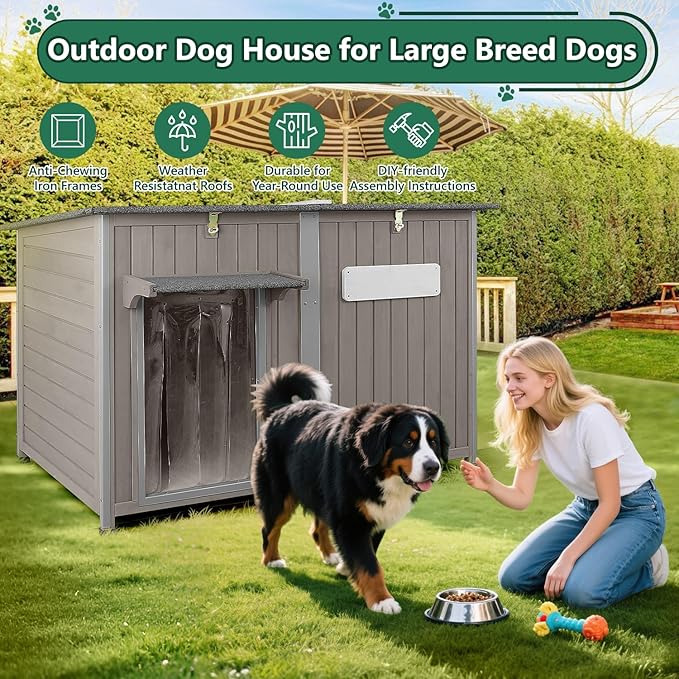 55" Extra Large Outdoor Dog House Weatherproof Wooden Doghouse Indoor for Large Breed Dogs with Anti Bite Frames with Window,10 Elevated Feet, Reinforced Bottom for Pet Up to 220LBS-PurrikoPets