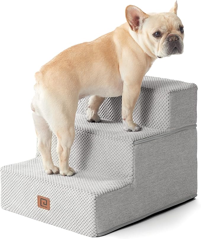 EHEYCIGA Dog Stairs for Small Dogs 13.5" H, 3-Step Dog Steps for Couch Sofa and Chair, Pet Steps for Medium Cats, Non-Slip Balanced Pet Ramp Indoor, Light Grey-PurrikoPets