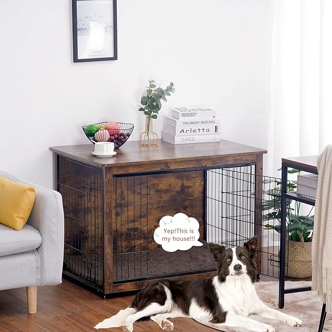DWANTON Dog Crate Furniture with Cushion, Wooden Kennel Table with Double Doors, Indoor Dog House, Large Size, 38.5" L, Rustic Brown-PurrikoPets
