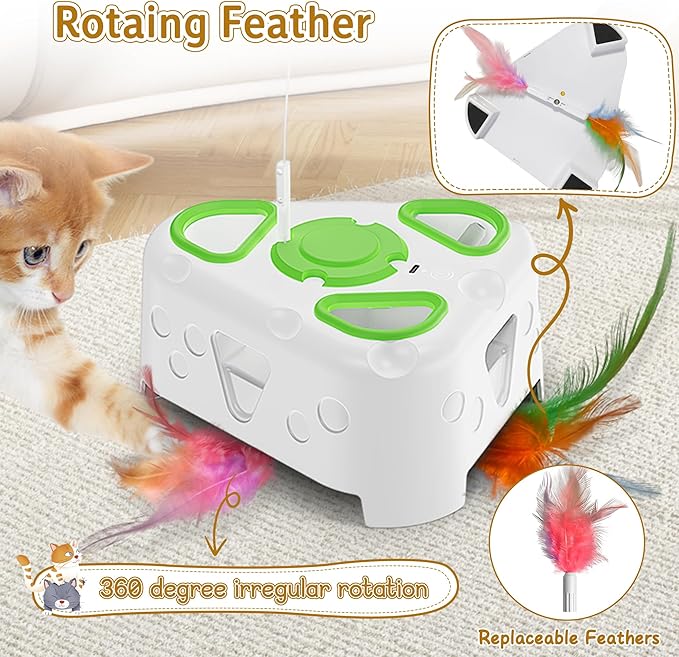 3-in-1 Interactive Cat Toys for Indoor Cats,Automatic Kitten Toy,Flying Bird,6 Holes Mole,Rotating Feather, Rechargeable USB Interactive Cat Feather Toys for Bored Indoor Cats-PurrikoPets