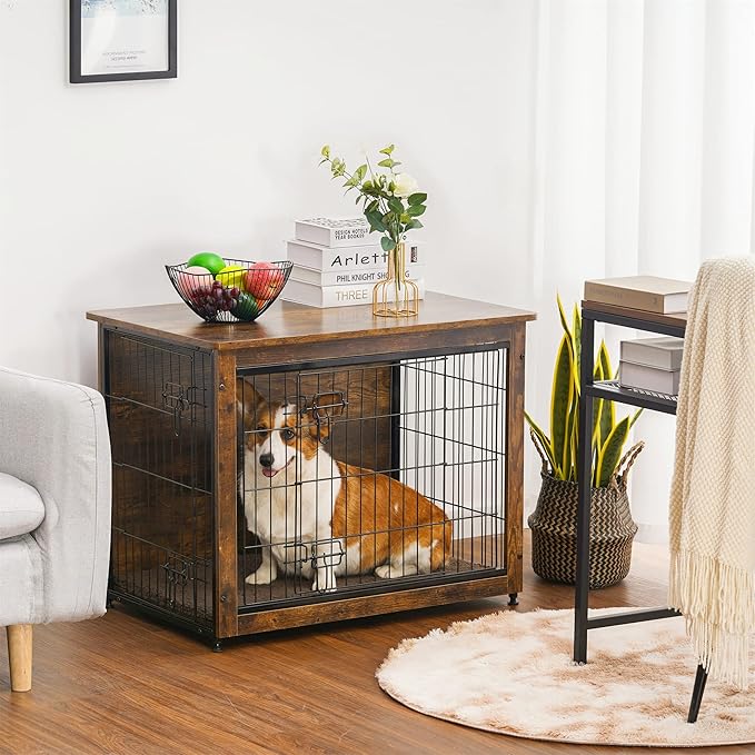 DWANTON Dog Crate Furniture with Cushion, Wooden Kennel Table with Double Doors, Indoor Dog House, Medium Size, 32.5" L, Rustic Brown-PurrikoPets