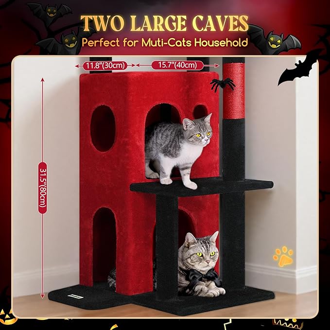 Globlazer Gothic Cat Tree Tower for Indoor Cats, 50-inch Goth Adult Cat Tree House for Large Adult Cats with Steps, Scratching Post, 2 Cat Caves, Dangling Toys, FC50, Blood-Goth-PurrikoPets