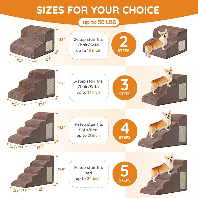 Dogs Steps for Bed, Dog Stairs for Small Dogs, 2-Step Dog Ramp for Bed, Couch, Sofa, and Chairs, Non-Slip Bottom Design, Cat Scratching, High Density Foam Portable Pet Step, Indoor, Coffee-PurrikoPets