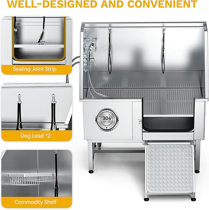 DWVO Professional Pet Dog Bathing Station for Grooming, 50'' Dog Grooming Bathtub with Right Ramp, Floor Grate, Faucet, Showerhead & Soap Holder for Large, Medium & Small Pets-PurrikoPets