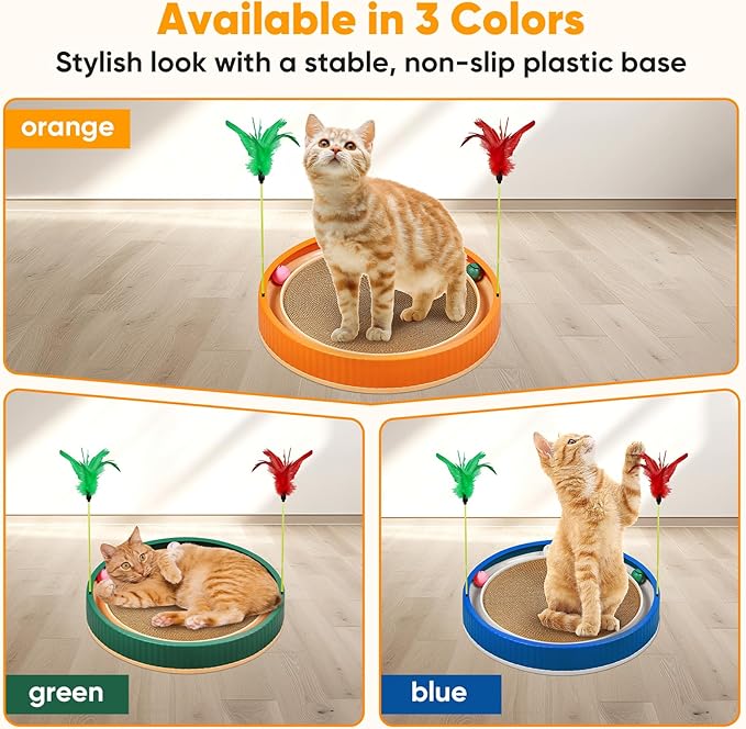 20-Inch Round Cat Scratcher with Ball Track – 3-in-1 Cardboard Cat Scratching Pad with Feather Toys, Non-Slip Base – Interactive Cat Toy for Indoor Cats, Kitten Scratch Play Lounge Board (Orange)-PurrikoPets