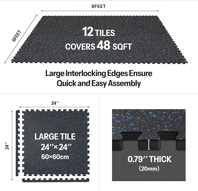 AIRHOP 0.79in Thick 48 Sq Ft Exercise Equipment Mats, 12 Tiles Upgraded Rubber Top with High Density EVA Foam, Large Interlocking Puzzle Gym Flooring for Home Gym, Heavy Weight Workout,Black & Blue-PurrikoPets