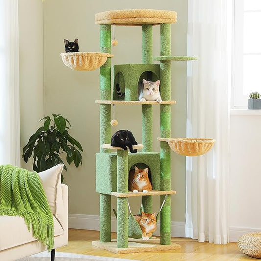 71.2" Large Cat Tree for Multi-Cat Households - 9-Level Cat Tower w/5 Sisal Scratching Posts, 2 Condos, Soft Hammock, Top Perch & Pom Poms - Heavy-Duty Space-Saving Design, Cactus Green-PurrikoPets