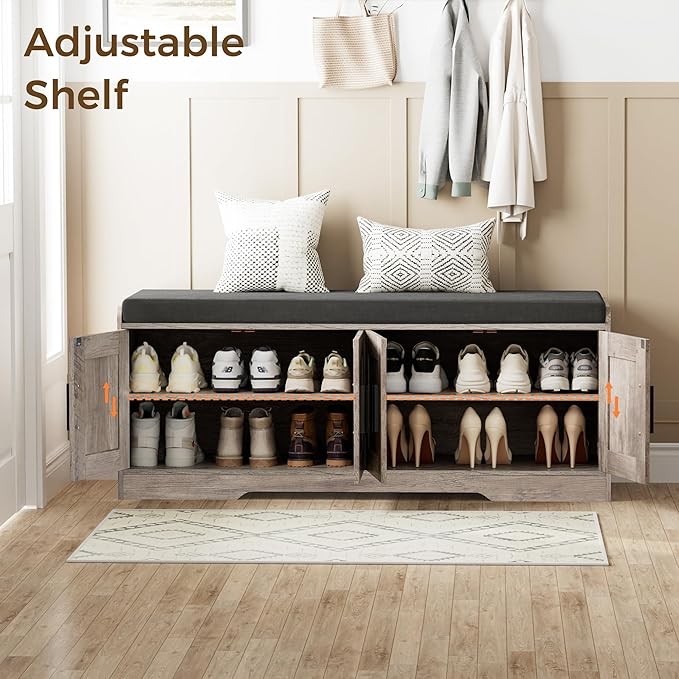 2-Tier Storage Bench, Shoe Bench with Thickened Padded Seat Cushion, Entryway Bench with 4 Doors, Adjustable Shelf, 13.8" D x 45.3" W x 18.5" H, for Entryway, Living Room, Bedroom, Greige-PurrikoPets