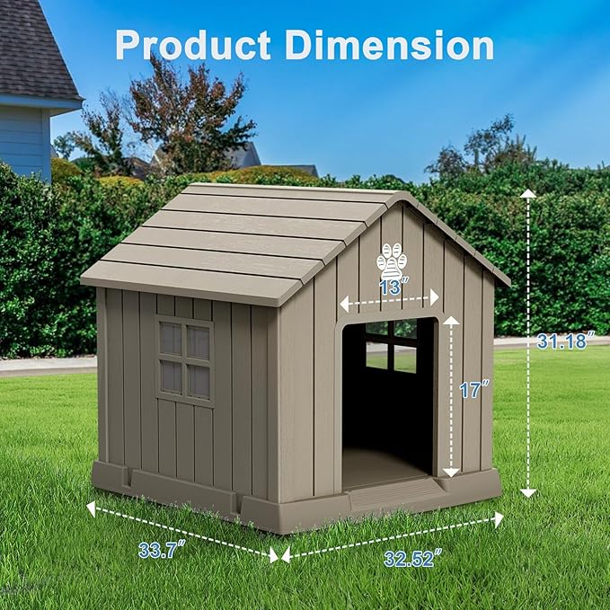 Dog House Indoor Outdoor for Small to Large Sized Dogs Resin Outdoor Dog House with Ventilation Puppy Shelter with Elevated Floor, Easy to Assemble, Blue-PurrikoPets