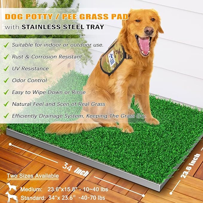 Dog Grass Pad with Tray, Reusable Large Artificial Turf Grass Potty and Puppy Pee Pads for Dogs, Portable Stainless Steel Dog Litter Box for Indoor/Outdoor Potty Training Toilet-PurrikoPets