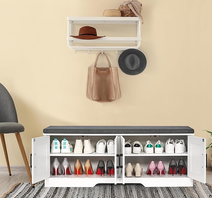 2-Tier Storage Bench, Shoe Bench with Padded Seat Cushion, Entryway Bench with 4 Barn Doors, Adjustable Shelf, 13.8" D x 47.2" W x 17.7" H, for Entryway, Living Room, Bedroom, White-PurrikoPets