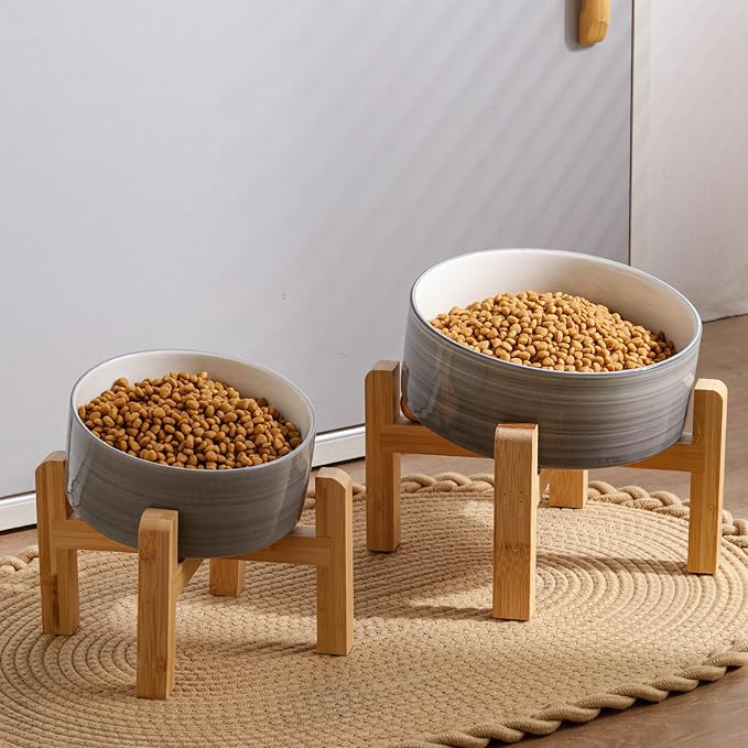 Elevated/Raised 15°Tilted Anti Slip Ceramic Dog Bowls,Slanted Bulldog Pet Food Water Feeding Dish Stand for Cats and Dogs (3.6 Cups/28 OZ) Grey White-PurrikoPets