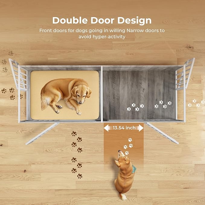 63 Inch Dog Cage Furniture for 2 Large/Medium Dogs with Removable Divider, Extra Large Double Doors Dog Kennel, XXL Thick Wooden Dog cage Furniture, Durable and Sturdy, Beige-PurrikoPets