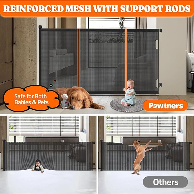 Extra Tall Retractable Baby Gates: 51" Tall Pet Gate, Extend up to 120" Wide, Mesh Baby Gate with Support Rods Jump-Proof Design for Cats & Large Dogs High Dog Cat Door Indoor Outdoor, Black-PurrikoPets