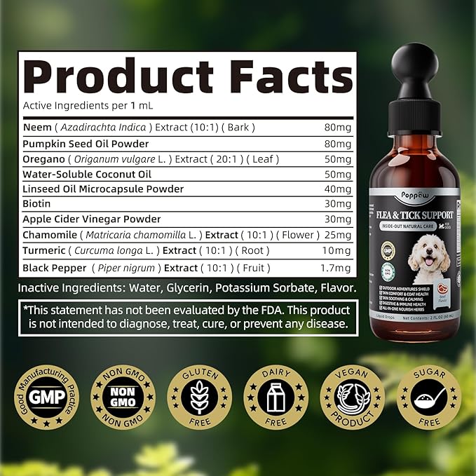 Dog Flea and Tick Support, Natural Herbal Flea & Tick Comfort for Dogs, Flea Liquid Drops Supplement for Dogs with Neem, Oregano, Pumpkin Seed Oil - Beef Flavor, 2 FL.Oz - All Breeds & Sizes-PurrikoPets