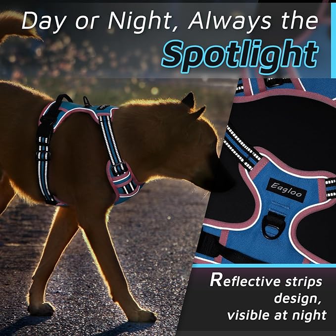 Eagloo Dog Harness for Large Dogs, No Pull Service Vest with Reflective Strips and Control Handle, Adjustable and Comfortable for Walking, No Choke Pet Harness with 2 Metal Rings, Pink & Blue, XL-PurrikoPets