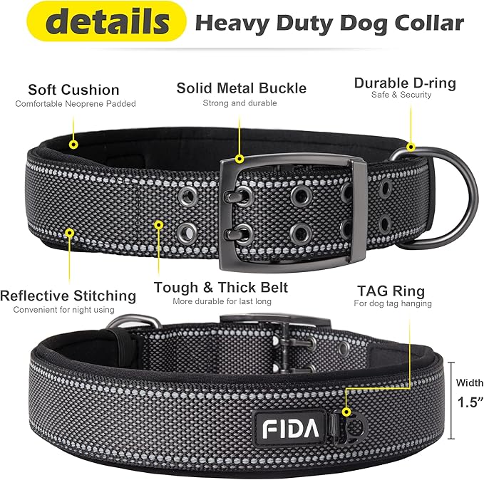 Fida Heavy Duty Dog Collar 1.5” Width, Ultra Soft Neoprene Padded, Adjustable Reflective Nylon Pet Collar with Two Metal Pin Belt Buckle for Large/X-Large Breeds (XL, Black)-PurrikoPets