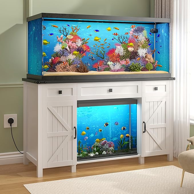 55-75 Gallon Aquarium Stand With Charging Station, Farmhouse Fish Tank Stand, Reptile Tank Stand Terrarium Stand with Drawer and Cabinet Storage, Sturdy Heavy Duty 53.5"×19.7" Tabletop - White-PurrikoPets