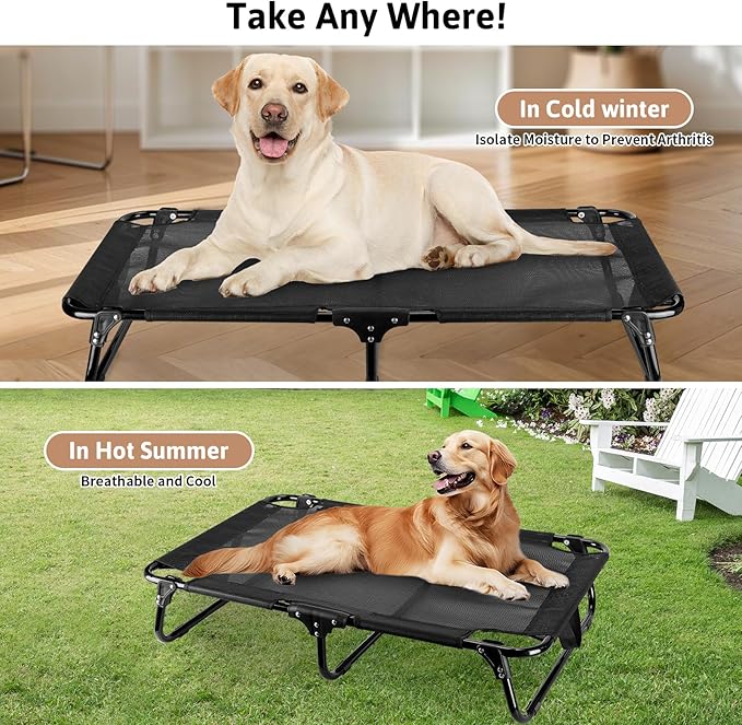 Elevated Dog Bed, Foldable Pet Bed with No Assembly, Cooling Raised Bed with Breathable Mesh, No-Slip Feet Durable Dog Cots Beds for Indoor & Outdoor Use, Black (L:43"x23"x7")-PurrikoPets