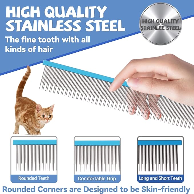 8.5 Inch Upgrade Blue Professional Pet Comb,Dual-Tooth Grooming Comb Anti-Static Smooth Rounded Corners Prevent Friction Breakage and Irritation,Removing Excess Hair for Long-Haired Cats and Dog-PurrikoPets