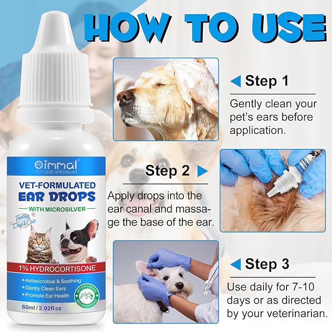 Ear Infection Treatment Drops for Dogs and Cats, Pets Ear Cleaning Solution Drops with 1% Hydrocortisone Soothing Dog Yeast Infection, Itchy Ear Relief, Pet Ear Care Supplies for Dogs & Cats - 2 fl oz-PurrikoPets