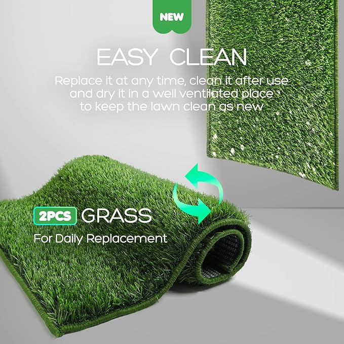 Dog Grass Pad with Tray, 34×23in Large Litter Box, 2×Grass Pad for Dogs Potty Washable, Thick Soft Odor-Free Hemmed Dog Pee Grass, Indoor Potty Training Balcony-PurrikoPets