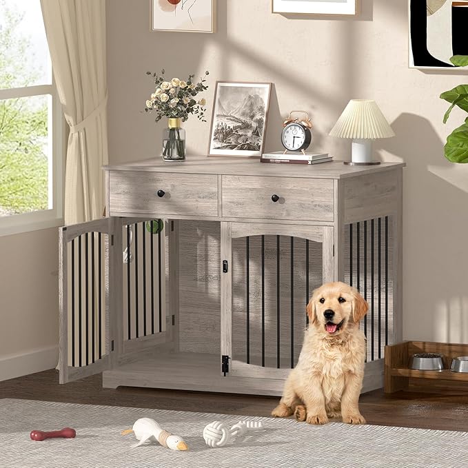 40 Inch Furniture-Style Dog Crate-Multipurpose Wood Pet Crate Furniture with Double Doors,2 Drawers, Decorative Dog House Indoor for Smal/Medium Dogs, Gray Finish-PurrikoPets
