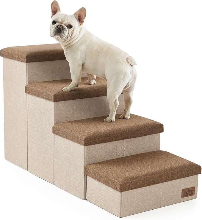 Dog Stairs with Storage, 4-Step Wider Sturdy Dog Steps for Small/Medium/Large Dogs and Older Cats, Folding Doggie Ramp for Bed/Couch/Car Hold Up to 180 lbs (22" H, Brown)-PurrikoPets