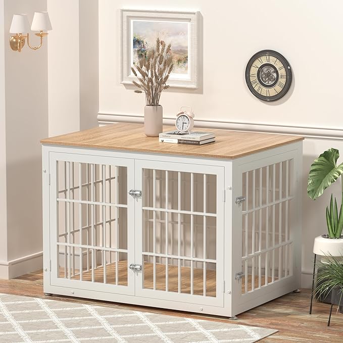 42 Inch Heavy Duty Dog Crate Furniture for Large and Medium Dogs, Decorative Pet House End Table, Wooden Cage Kennel Furniture Indoor, Natural and White-PurrikoPets