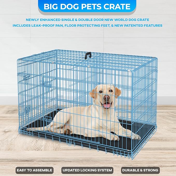 FDW Dog Crate for Large Dogs 42 Inch Folding Metal WirePet Cage Double Door W/Divider Panel Indoor Outdoor Kennel Leak-Proof Plastic Tray,Blue-PurrikoPets