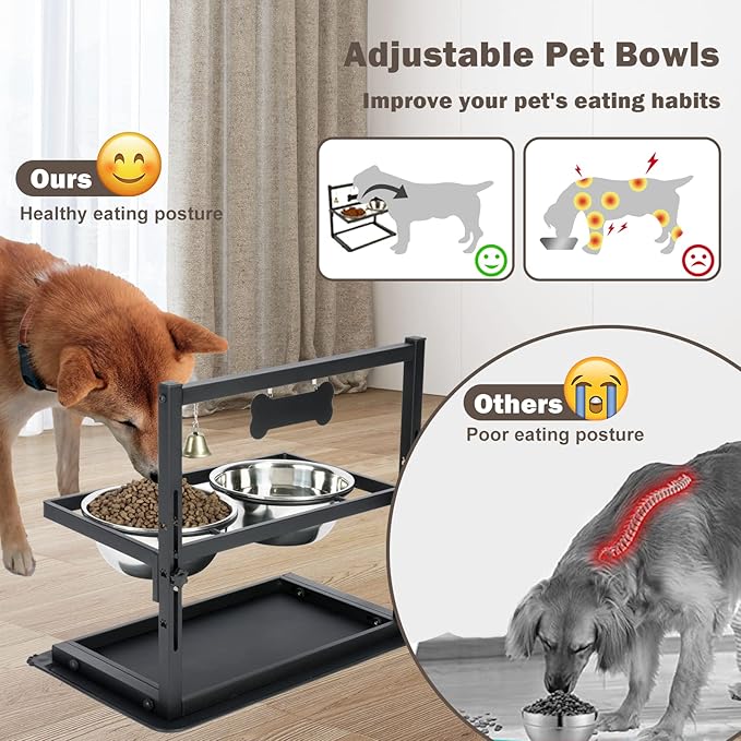 Elevated Dog Bowls with Slow Feeder for Large Dogs – Adjustable Raised Stand with 2 Stainless Steel Bowls & Spill-Proof Mat, Non-Slip Dog Feeder for Large & Medium Dogs (Black)-PurrikoPets